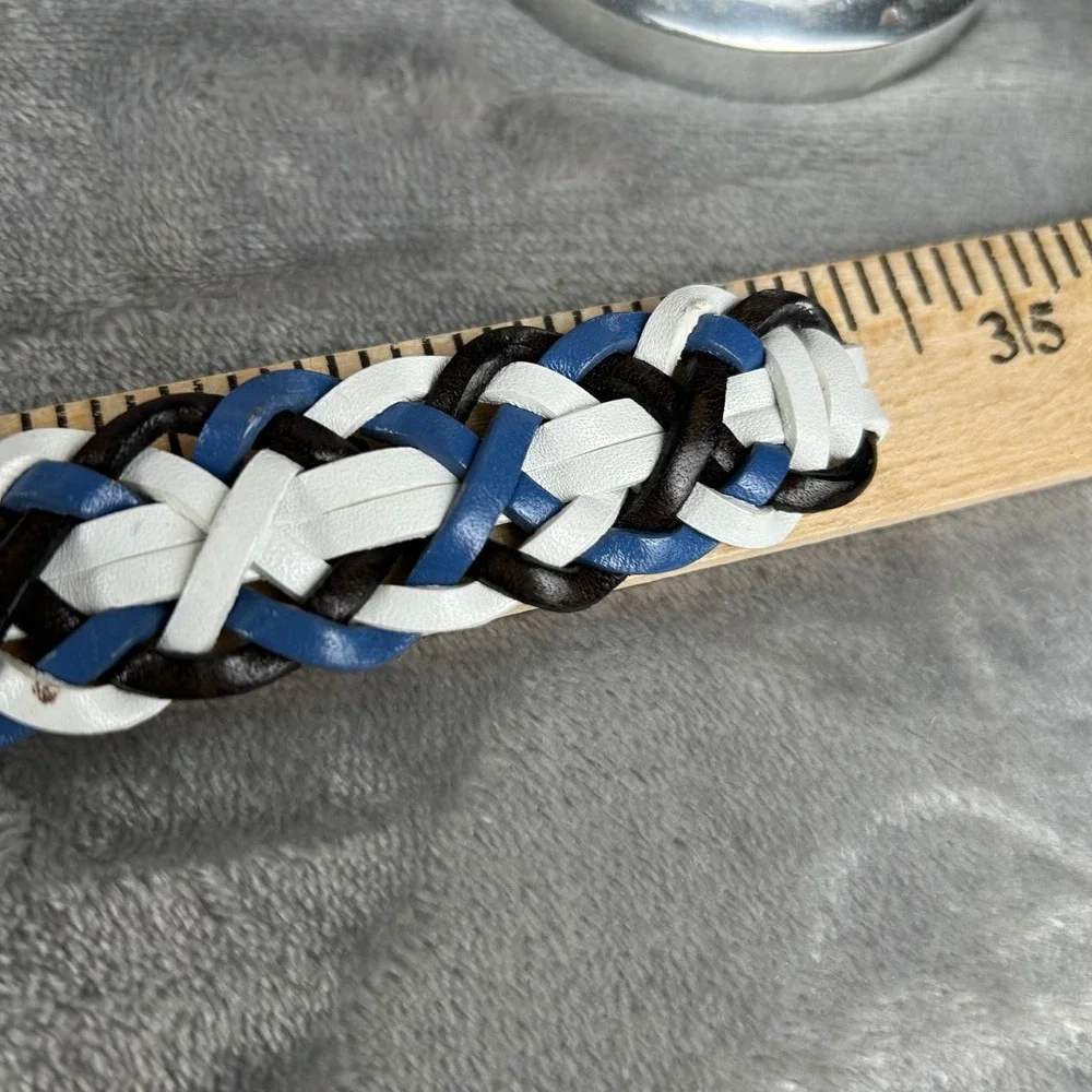 Talbots Womens Small Braided Leather Belt Blue White Brown Woven 6023